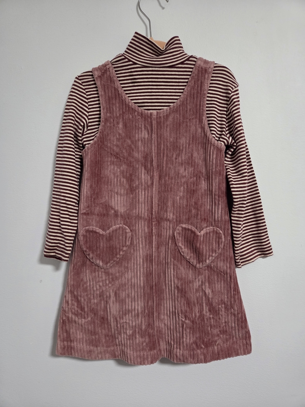 Zara Mauve Corduroy Heart Pocket Pinafore Dress with Striped Turtleneck Long Sl.